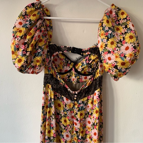 NWT For Love & Lemons Sylvia Floral Lace Puff Short Sleeve Slit Maxi Dress - Picture 13 of 15